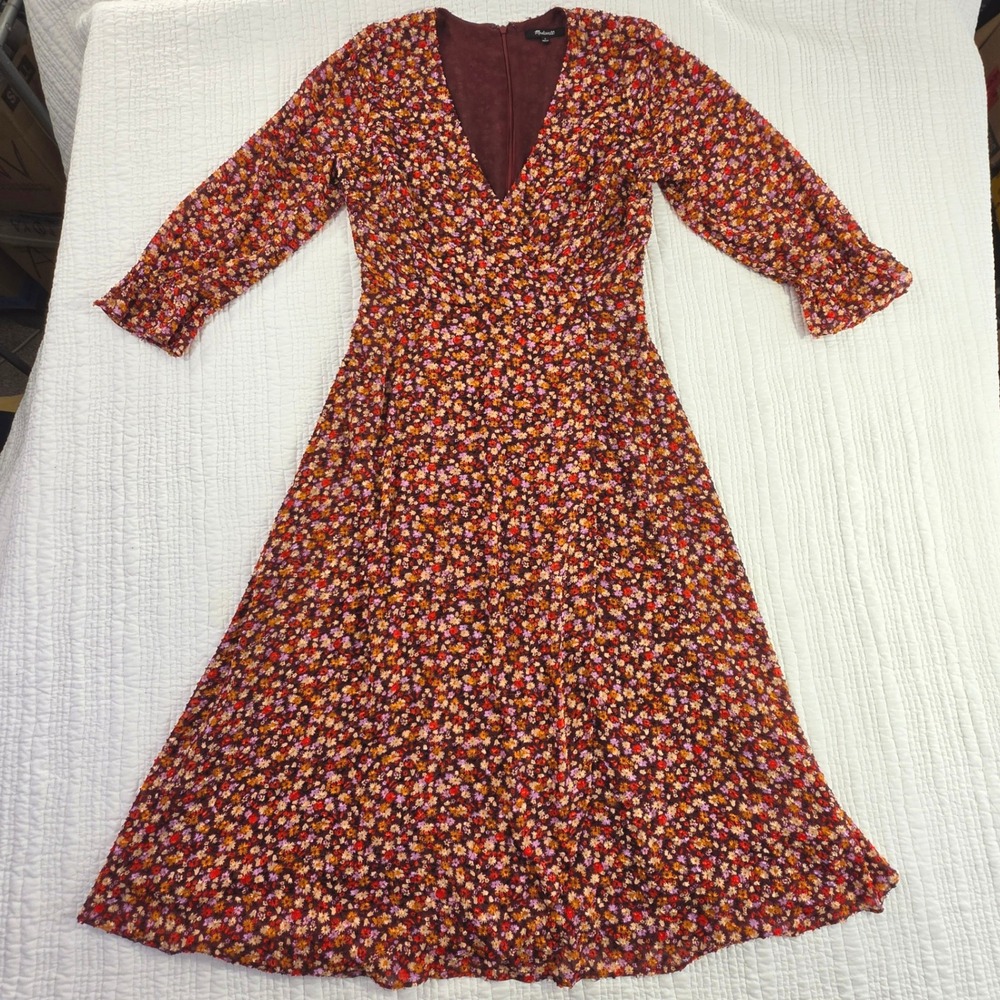 Madewell Burgundy Floral Clip Dot V-Neck Midi Dress AJ548 EUC Womens Size 4 Boho